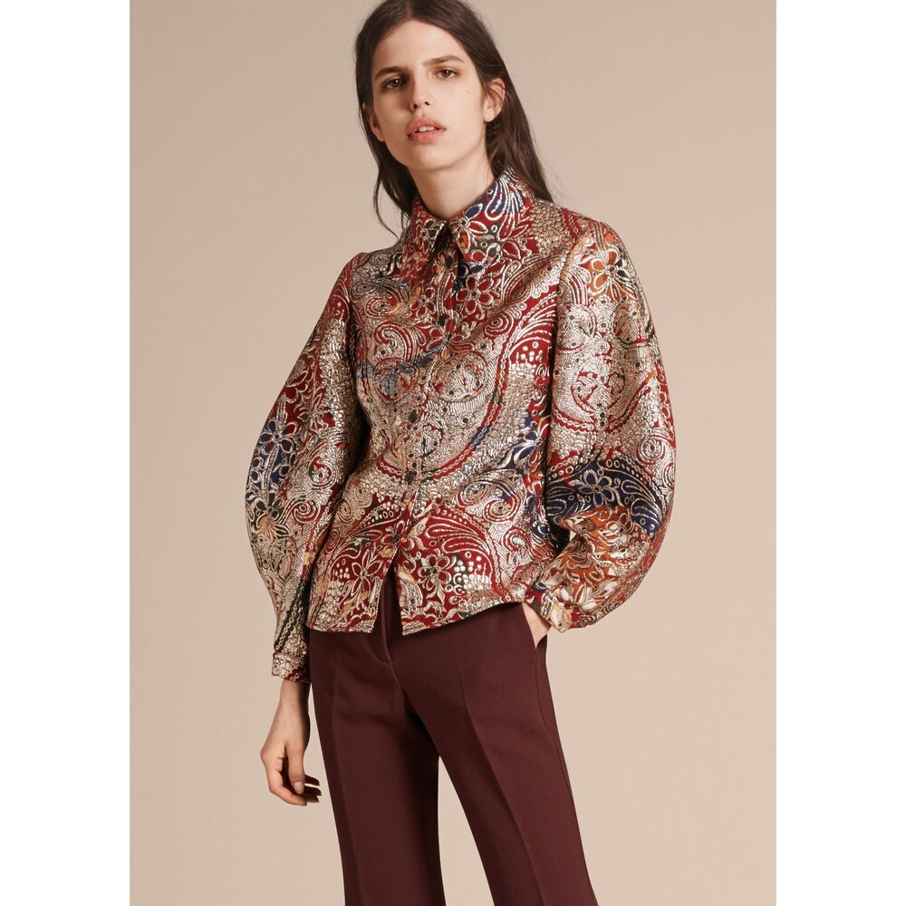 BURBERRY Floral Metallic Jacquard Flared-Sleeve Shirt, IT 40, US 6, NWT